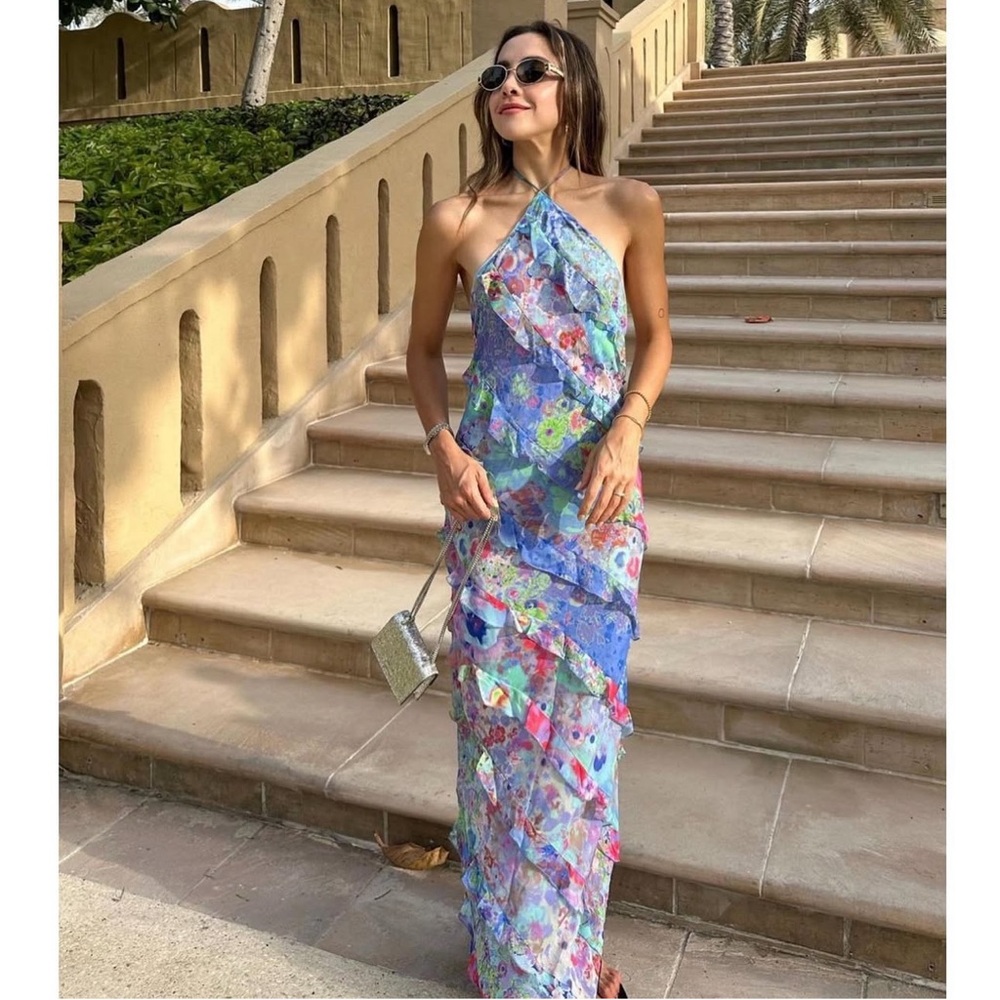 Zara Floral $129 PRINTED RUFFLE MAXI DRESS MULTICOLORED Size Large